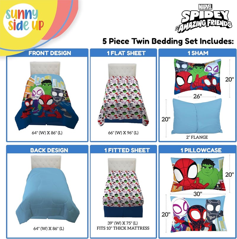 Sunny Side Up Marvel Spidey & His Amazing Friends Twin Comforter Set - 5 Piece Kids Bedding Includes Comforter, Sheets & Pillow Cover - Super Soft Superheroes Microfiber Bed Set - Image 3